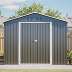 Abri de jardin métallique 240 x 192,3 x 191 cm avec larges portes coulissantes, 4 ouvertures de ventilation, verrouillable, toit et fond inclinés.