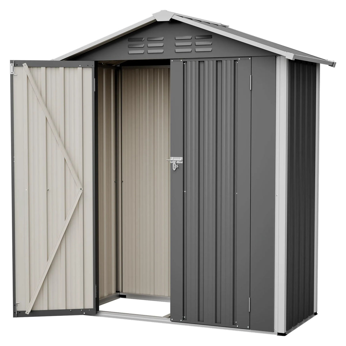 Abri de jardin 154 x 83 x 180 cm en tôle d'acier galvanisée, avec ouvertures de ventilation, fondation métallique et porte verrouillable, pour outils de jardin et vélos, gris
