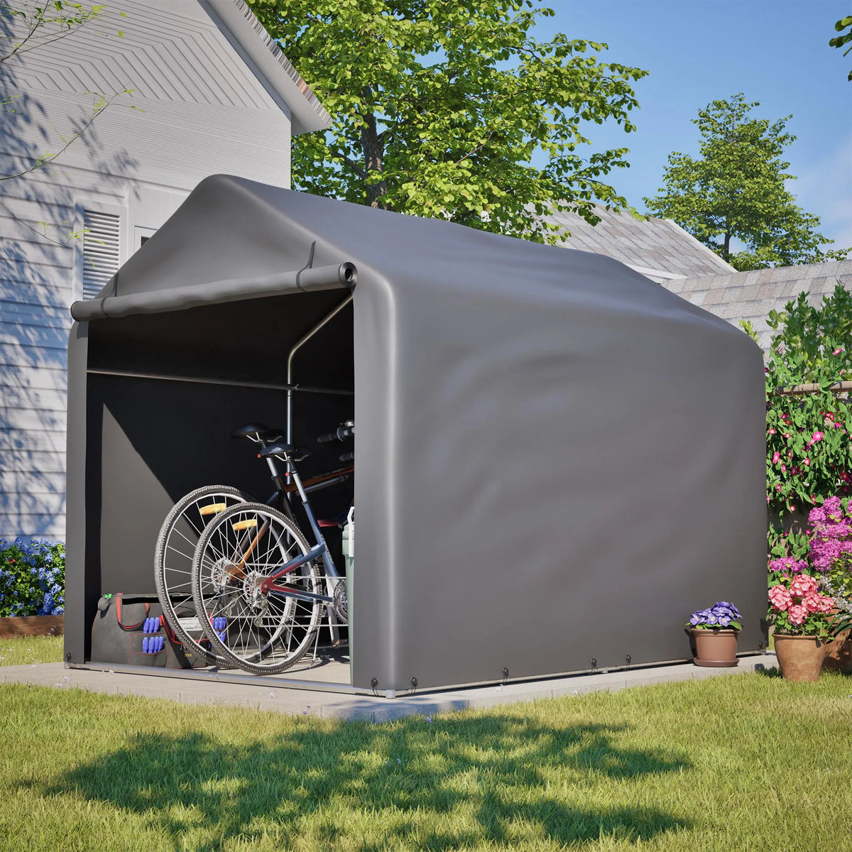 Abri à vélos 160 x 220 x 165 cm, bâche imperméable en PE, structure tubulaire en acier, porte enroulable, 2 ouvertures de ventilation, 8 supports, gris
