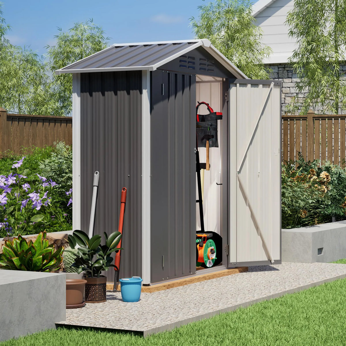 Abri de jardin 154 x 83 x 180 cm en tôle d'acier galvanisée, avec ouvertures de ventilation, fondation métallique et porte verrouillable, pour outils de jardin et vélos, gris