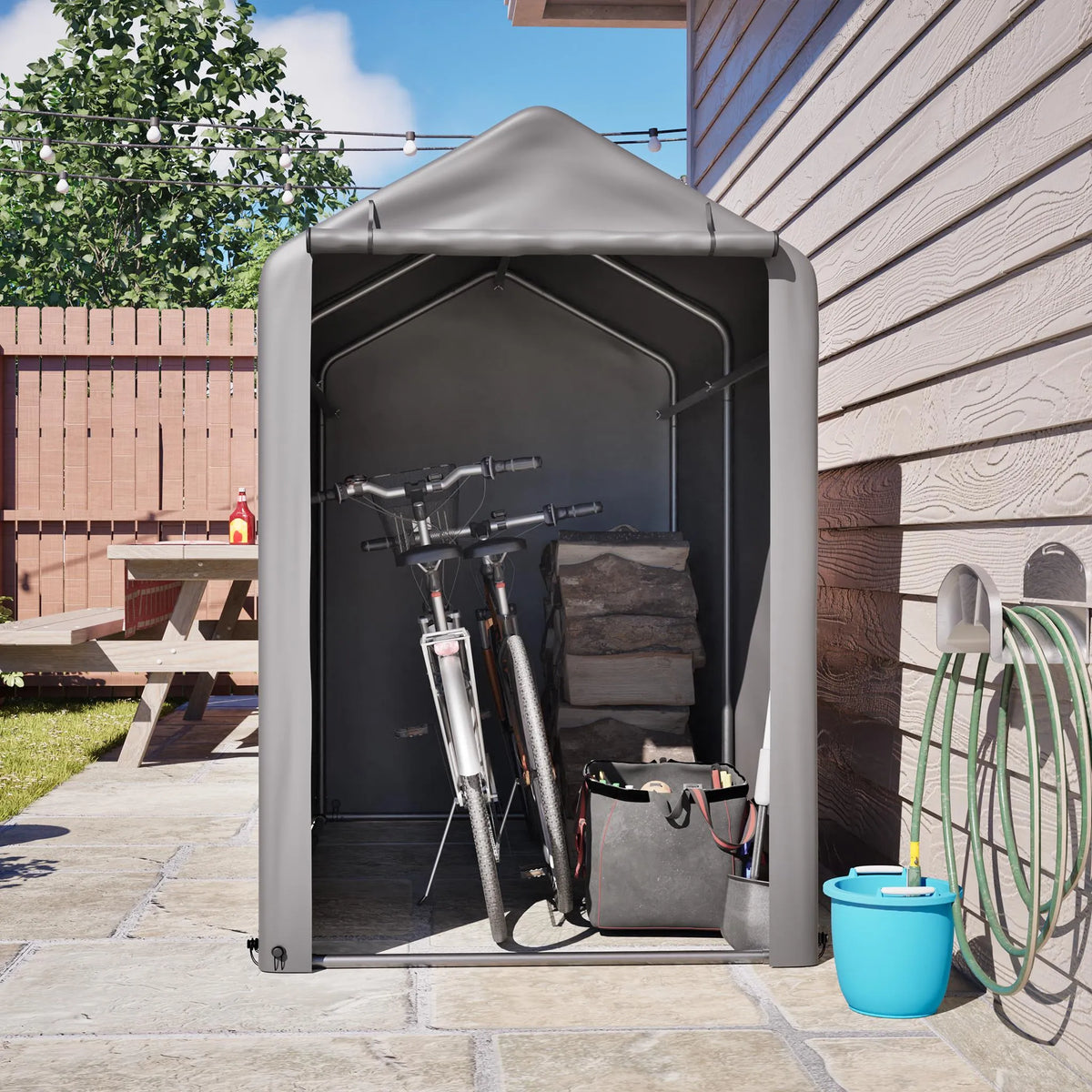 Abri à vélos 187 x 100 x 160 cm, structure tubulaire en acier galvanisé, bâche PE 170 g/m² imperméable et résistante aux UV, porte zippée, gris foncé