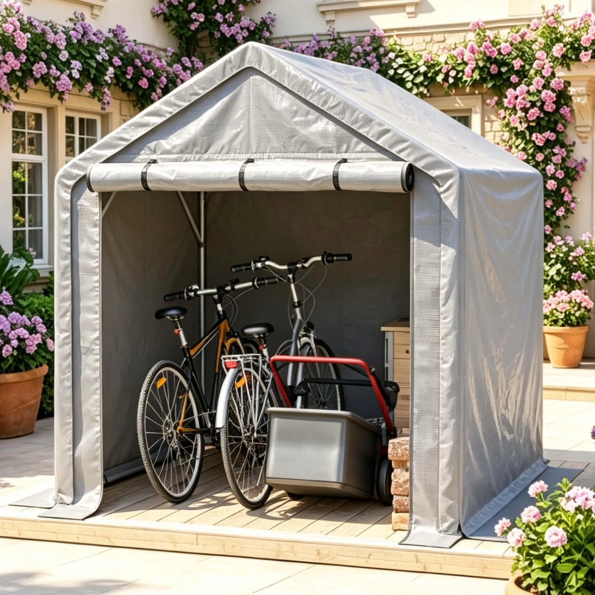 Abri à vélos 190 x 170 x 200 cm, structure tubulaire en acier galvanisé, bâche PE imperméable 170 g/m², porte sectionnelle, gris foncé