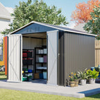 Abri de jardin métallique 240 x 192,3 x 191 cm avec larges portes coulissantes, 4 ouvertures de ventilation, verrouillable, toit et fond inclinés.