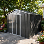 Abri de jardin 3 x 2,4 m (10 x 8 pi) en acier galvanisé, 7,46 m² (10 x 8 pi), toit à deux pans, double porte, fentes d'aération, châssis, gris