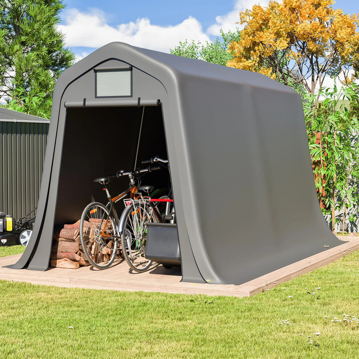 Abri de jardin 366 × 213 × 225 cm, bâche PE 170 g/m², structure en acier galvanisé, porte sectionnelle, ventilation, protection UV, gris foncé