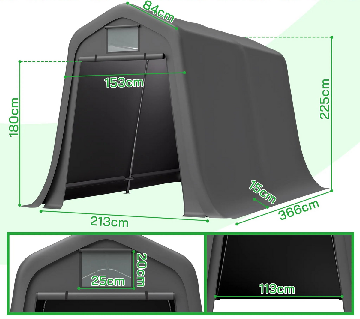 Abri de jardin 366 × 213 × 225 cm, bâche PE 170 g/m², structure en acier galvanisé, porte sectionnelle, ventilation, protection UV, gris foncé