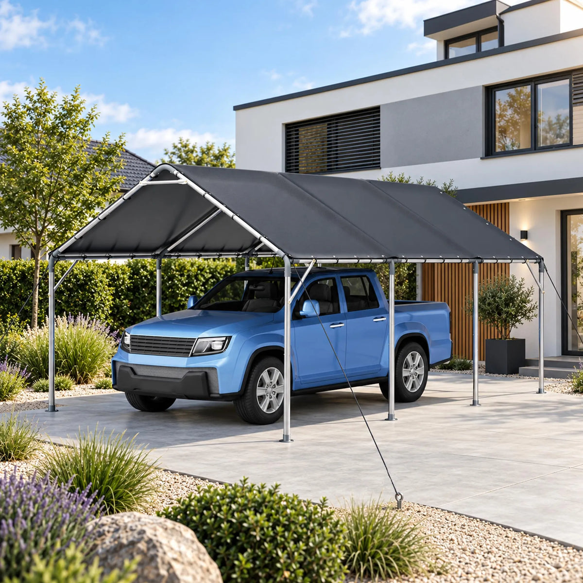 Abri voiture 610 x 396 x 308 cm, structure en acier galvanisé 38 mm, bâche de toit en PE imperméable UV 50+, plaques de base et piquets de sol