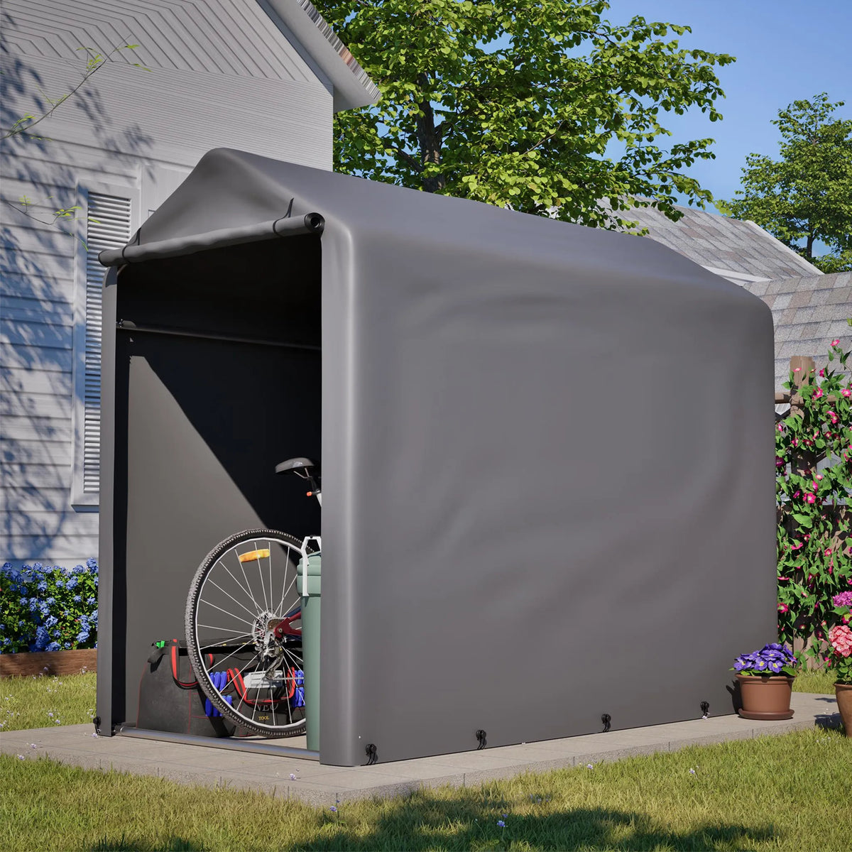Abri à vélos 187 x 100 x 160 cm, bâche PE imperméable 170 g/m², structure en acier galvanisé, porte zippée, cadre de fondation, gris foncé