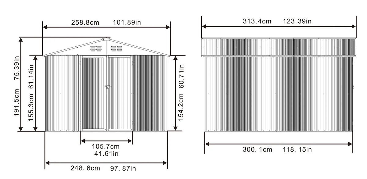 Abri de jardin 3 x 2,4 m (10 x 8 pi) en acier galvanisé, 7,46 m² (10 x 8 pi), toit à deux pans, double porte, fentes d'aération, châssis, gris