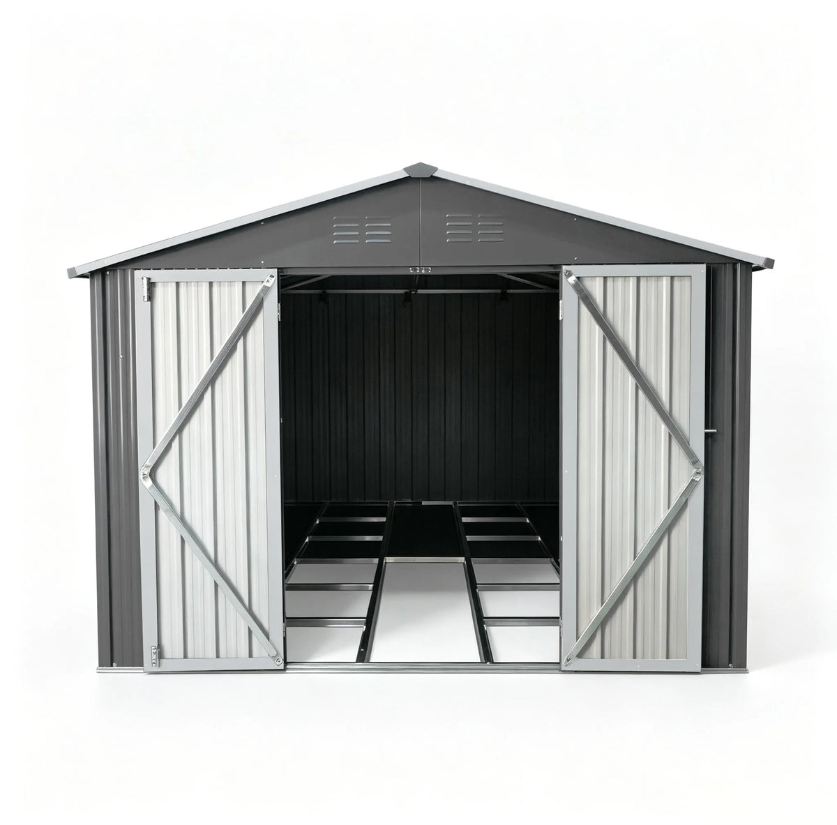 Abri de jardin 3 x 2,4 m (10 x 8 pi) en acier galvanisé, 7,46 m² (10 x 8 pi), toit à deux pans, double porte, fentes d'aération, châssis, gris