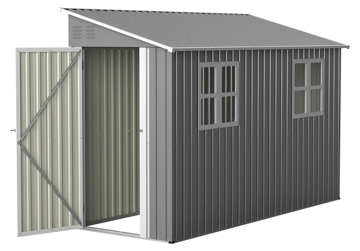 Abri de jardin métallique 291 × 110,8 × 188,6 cm, modèle adossé réversible (montage gauche/droite), porte verrouillable, 2 fenêtres, kit toit et plancher, acier galvanisé