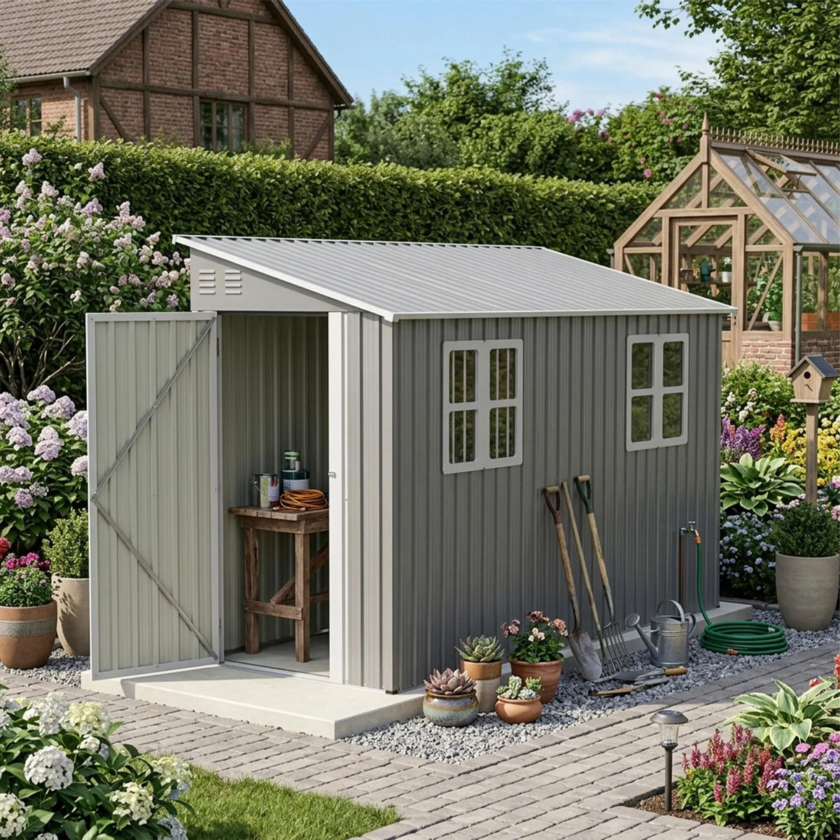 Abri de jardin métallique 291 × 110,8 × 188,6 cm, modèle adossé réversible (montage gauche/droite), porte verrouillable, 2 fenêtres, kit toit et plancher, acier galvanisé