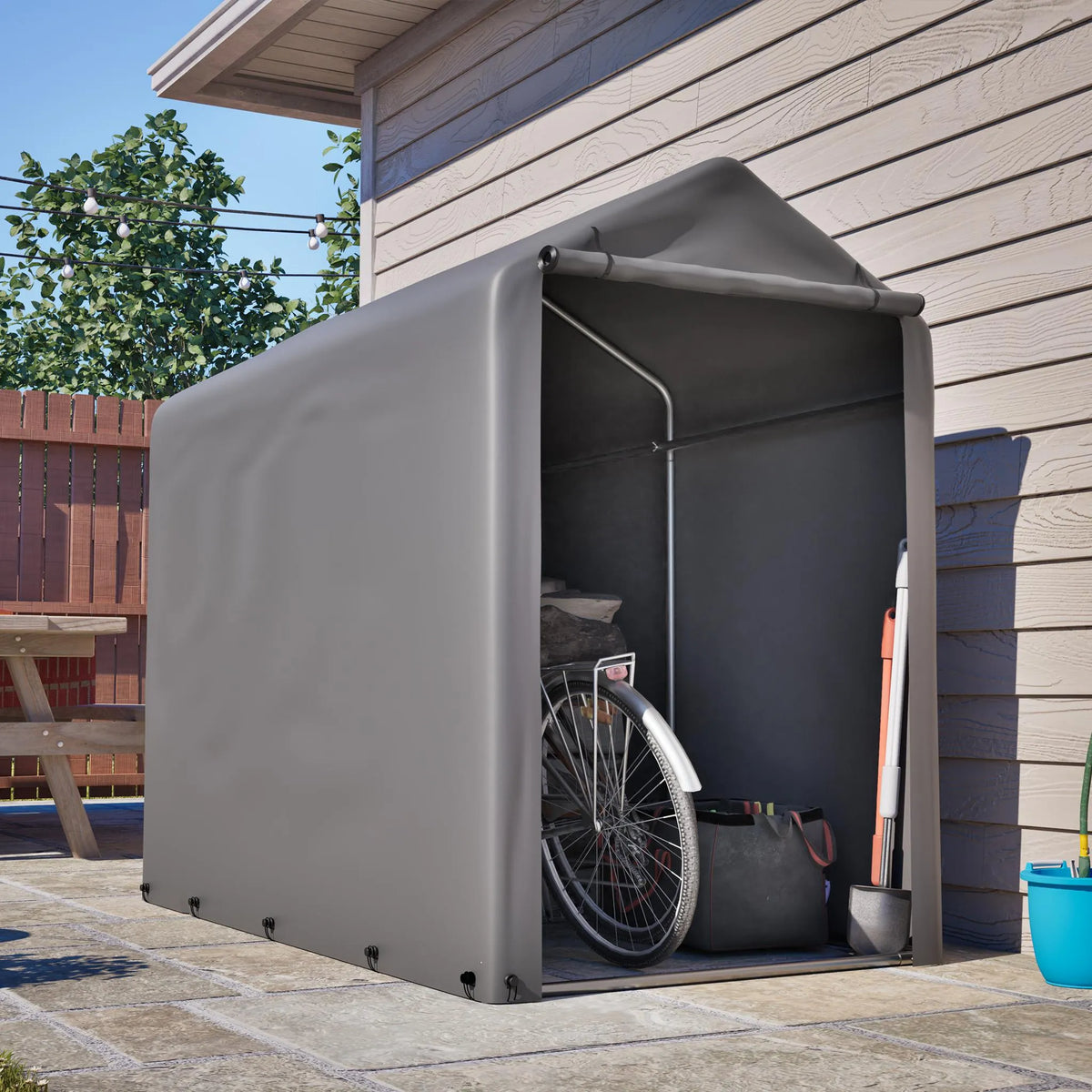 Abri à vélos 187 x 100 x 160 cm, structure tubulaire en acier galvanisé, bâche PE 170 g/m² imperméable et résistante aux UV, porte zippée, gris foncé