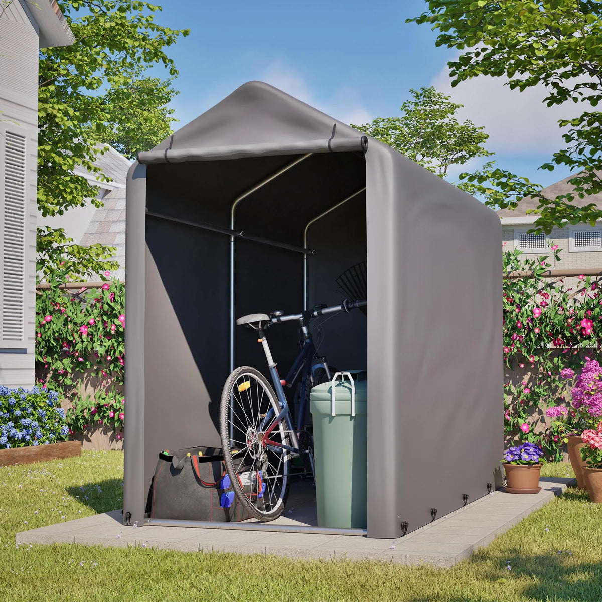 Abri à vélos 187 x 100 x 160 cm, bâche PE imperméable 170 g/m², structure en acier galvanisé, porte zippée, cadre de fondation, gris foncé