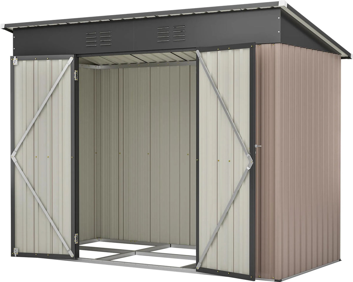 Abri de jardin 242 x 126 x 182 cm en tôle d'acier galvanisée, avec toit en pente, ouvertures de ventilation, portes verrouillables et ossature de fondation, marron