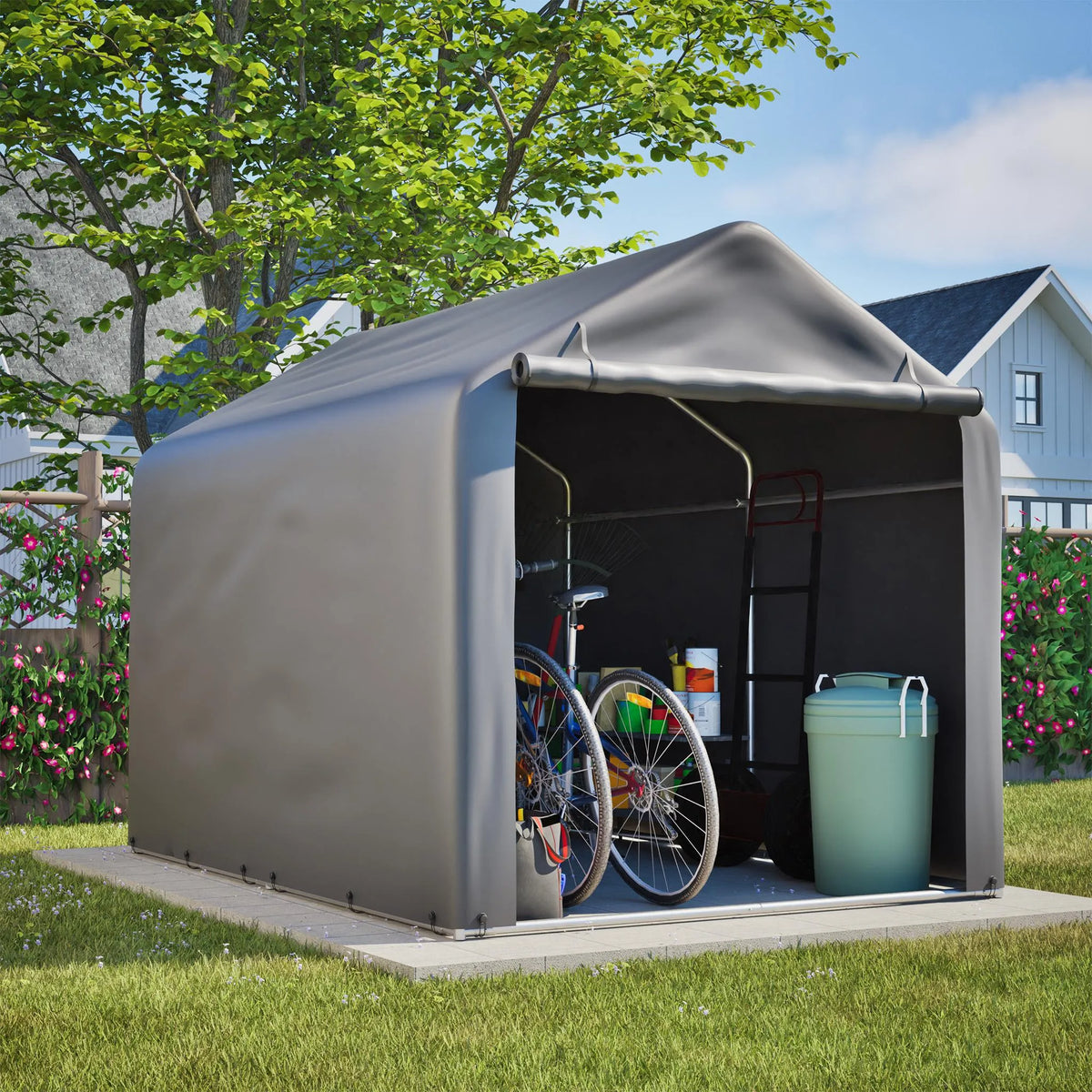 Abri à vélos 160 x 220 x 165 cm, bâche imperméable en PE, structure tubulaire en acier, porte enroulable, 2 ouvertures de ventilation, 8 supports, gris
