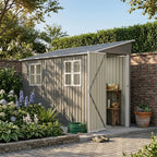 Abri de jardin métallique 291 × 110,8 × 188,6 cm, modèle adossé réversible (montage gauche/droite), porte verrouillable, 2 fenêtres, kit toit et plancher, acier galvanisé