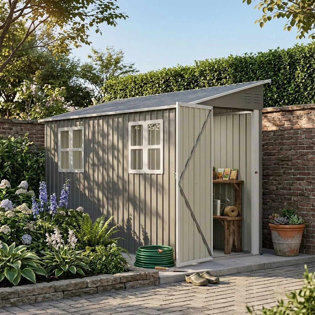Abri de jardin métallique 291 × 110,8 × 188,6 cm, modèle adossé réversible (montage gauche/droite), porte verrouillable, 2 fenêtres, kit toit et plancher, acier galvanisé