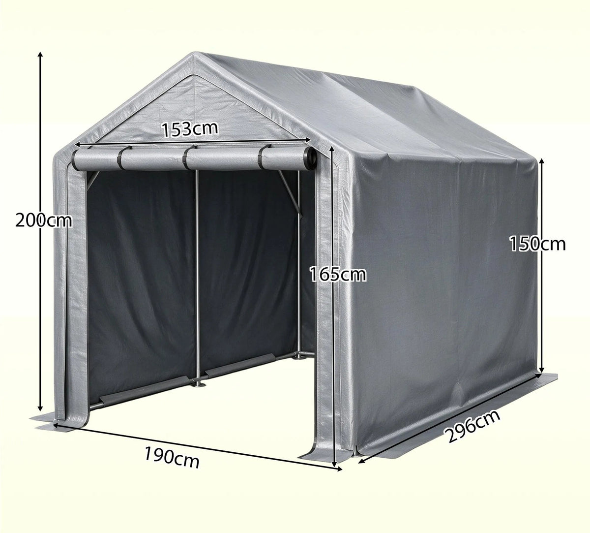 Abri de garage 296 x 190 x 200 cm, structure en acier galvanisé, bâche PE 170 g/m², porte enroulable avec fermeture éclair, imperméable et résistante aux UV, gris foncé