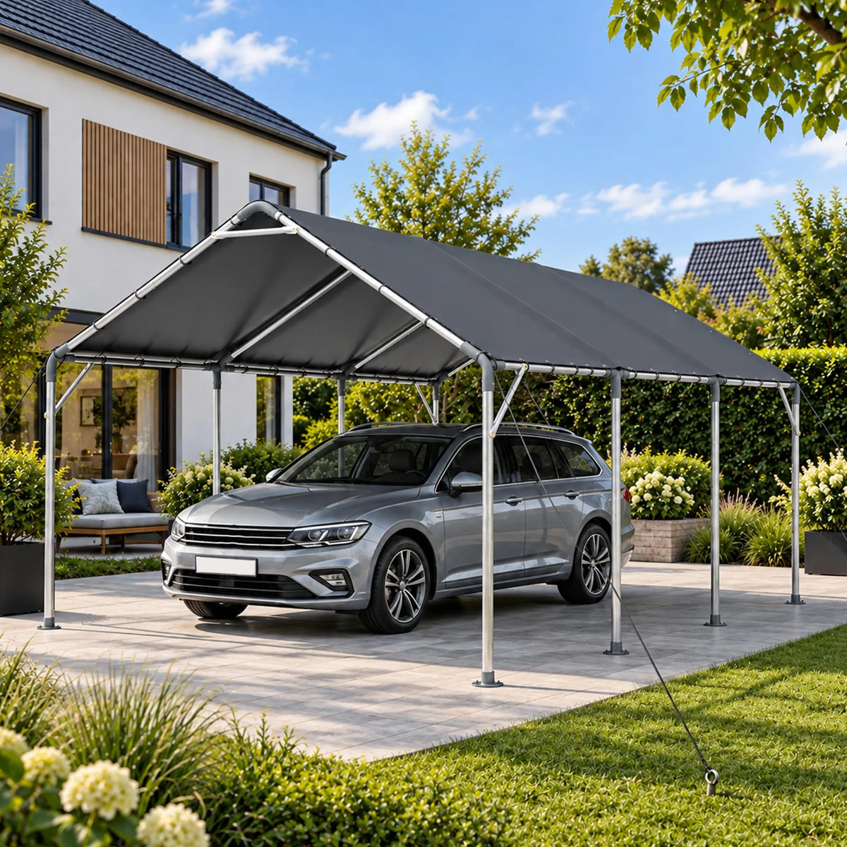 Abri voiture 610 x 396 x 308 cm, structure en acier galvanisé 38 mm, bâche de toit en PE imperméable UV 50+, plaques de base et piquets de sol