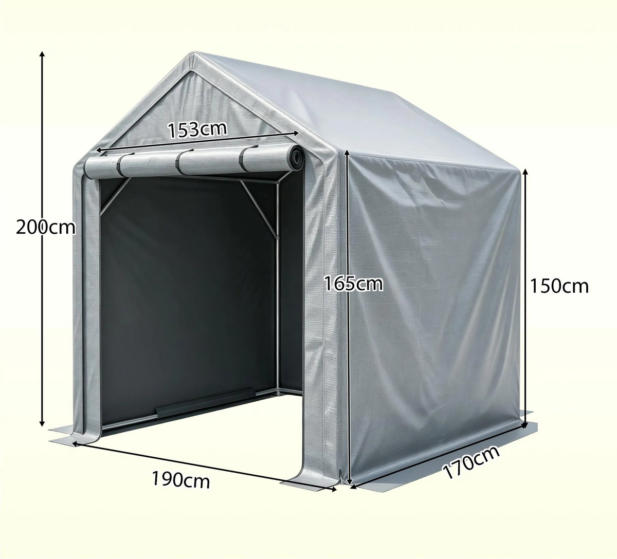 Abri à vélos 190 x 170 x 200 cm, structure tubulaire en acier galvanisé, bâche PE imperméable 170 g/m², porte sectionnelle, gris foncé