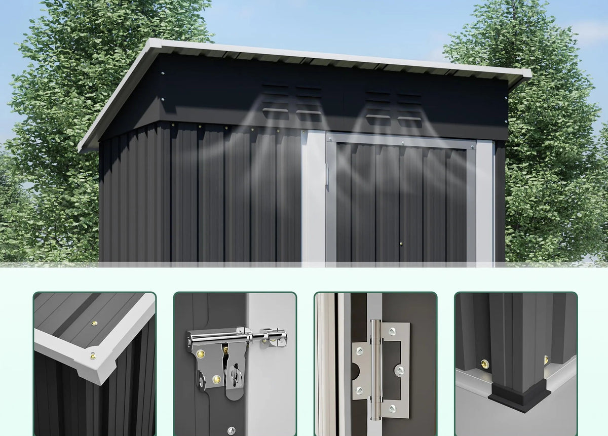 Abri de jardin 152,2 x 83,6 x 182 cm, 1,27 m², en acier thermolaqué, porte métallique verrouillable, sans fenêtres, toit plat, noir