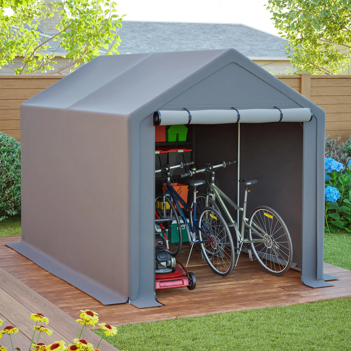 Abri à vélos 296 x 190 x 200 cm, structure en acier galvanisé, bâche PE 170 g/m², porte enroulable zippée, étanche, gris foncé
