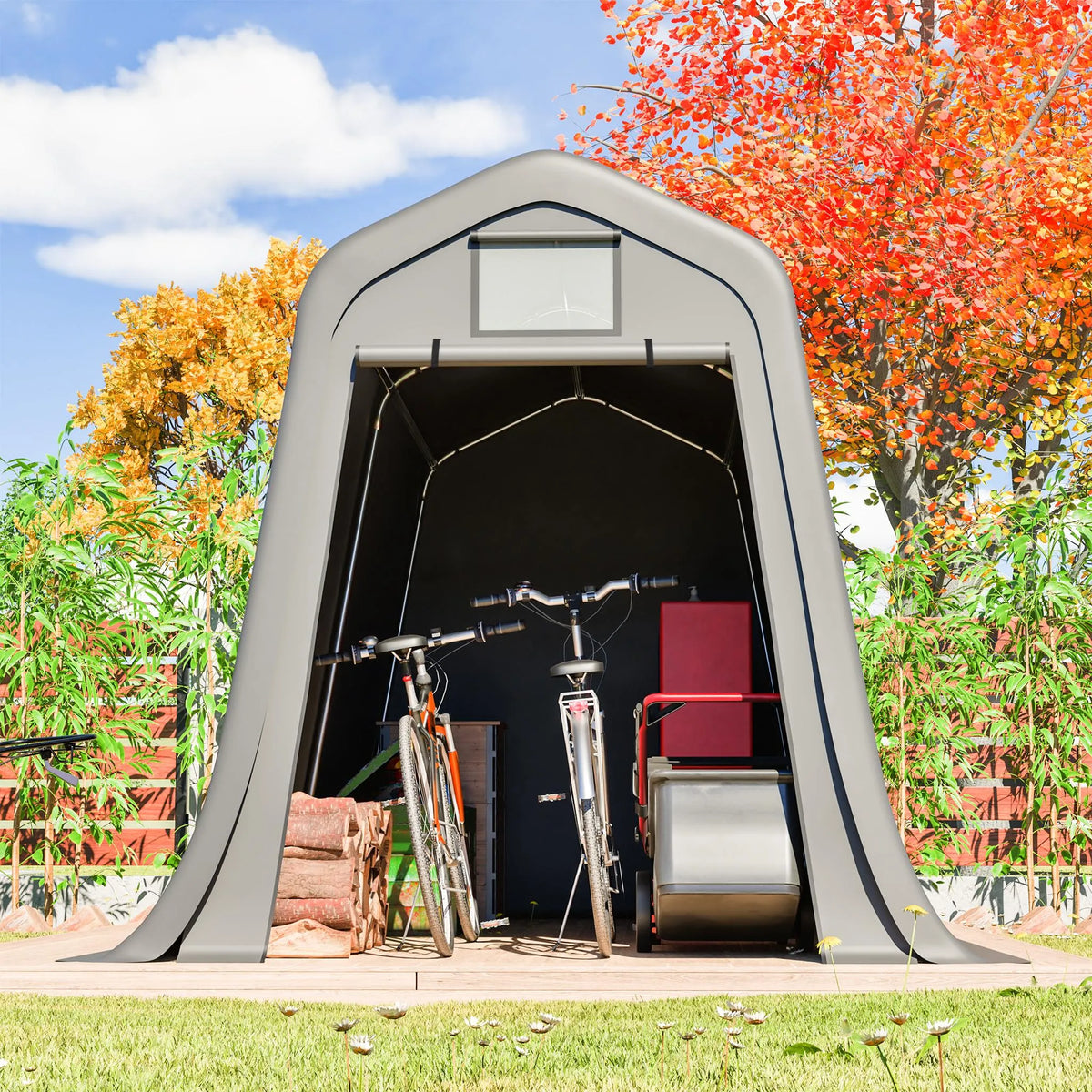 Abri de jardin 366 × 213 × 225 cm, bâche PE 170 g/m², structure en acier galvanisé, porte sectionnelle, ventilation, protection UV, gris foncé