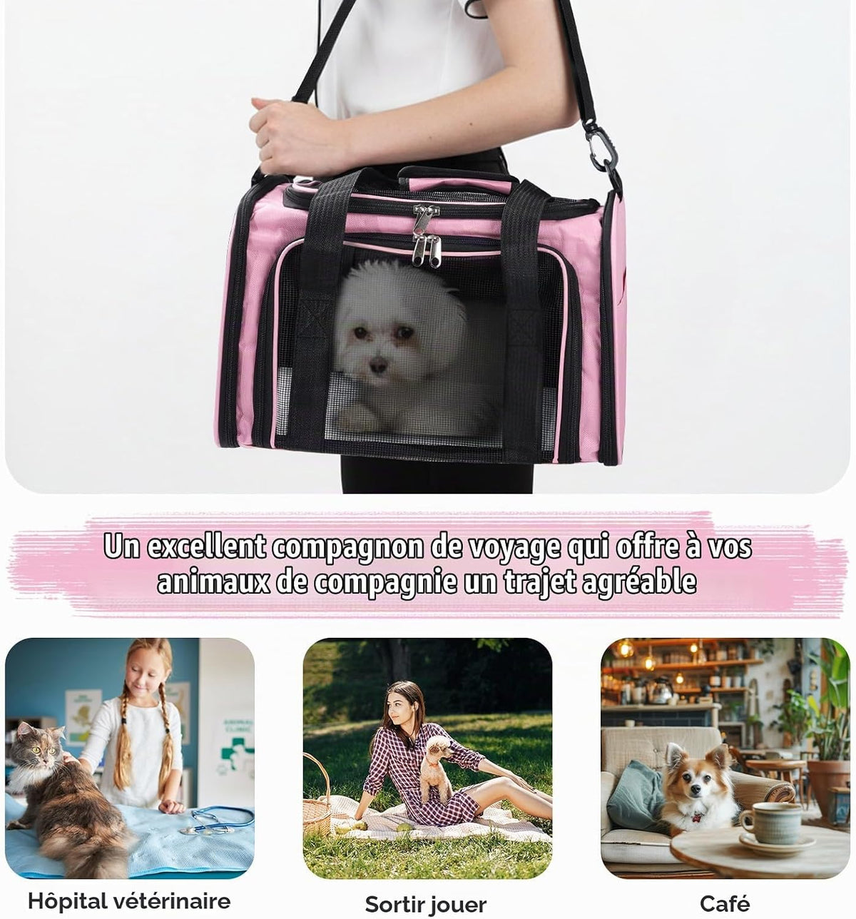 Sac de transport Oxford pour chiens et chats rose