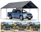Abri voiture 610 x 396 x 308 cm, structure en acier galvanisé 38 mm, bâche de toit en PE imperméable UV 50+, plaques de base et piquets de sol