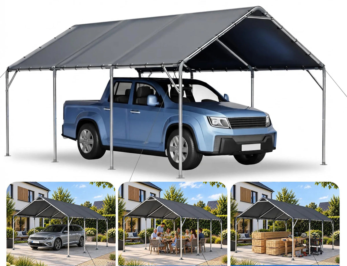 Abri voiture 610 x 396 x 308 cm, structure en acier galvanisé 38 mm, bâche de toit en PE imperméable UV 50+, plaques de base et piquets de sol