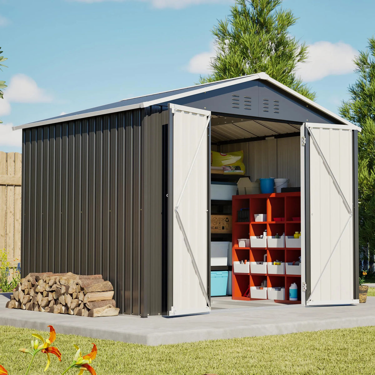 Abri de jardin métallique 240 x 192,3 x 191 cm avec larges portes coulissantes, 4 ouvertures de ventilation, verrouillable, toit et fond inclinés.