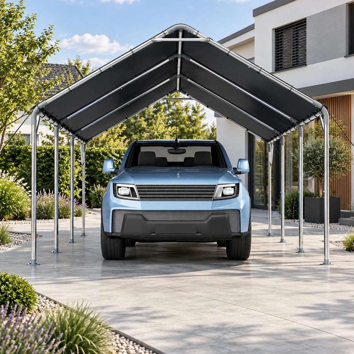 Abri voiture 610 x 396 x 308 cm, structure en acier galvanisé 38 mm, bâche de toit en PE imperméable UV 50+, plaques de base et piquets de sol
