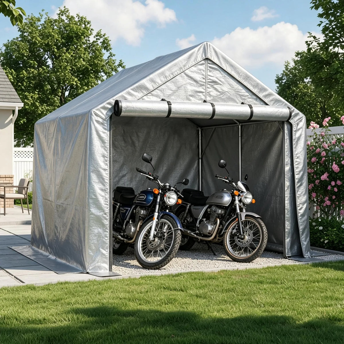Abri de garage 244 x 241 x 217 cm, structure en acier galvanisé, bâche PE 170 g/m², porte enroulable, imperméable et résistante aux UV, gris foncé