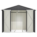 Abri de jardin métallique 240 x 192,3 x 191 cm avec larges portes coulissantes, 4 ouvertures de ventilation, verrouillable, toit et fond inclinés.