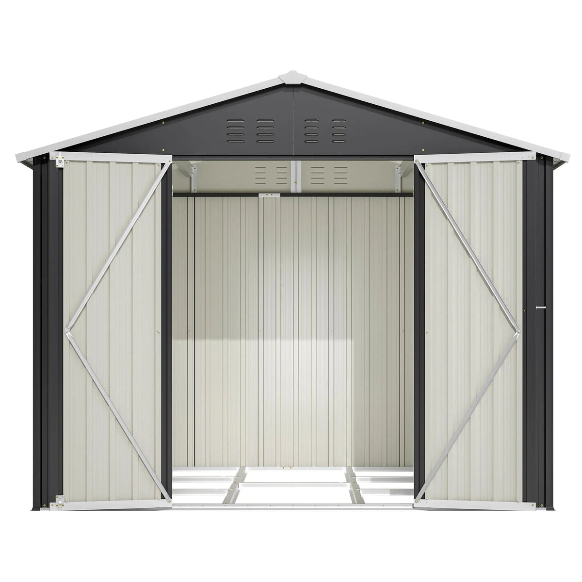 Abri de jardin métallique 240 x 192,3 x 191 cm avec larges portes coulissantes, 4 ouvertures de ventilation, verrouillable, toit et fond inclinés.