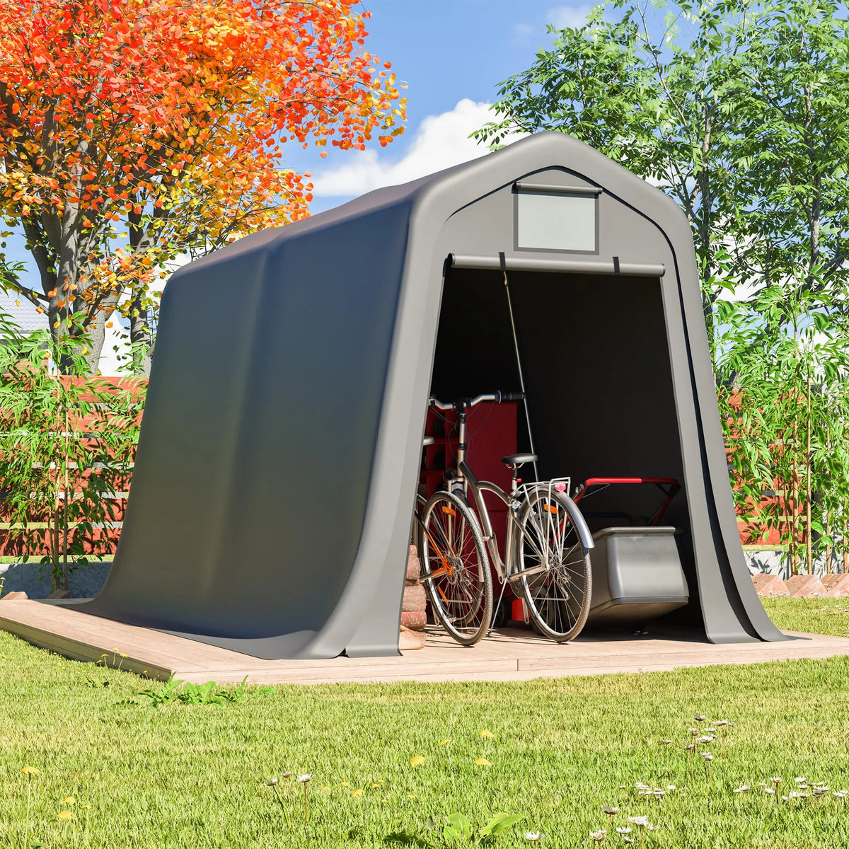 Abri de jardin 366 × 213 × 225 cm, bâche PE 170 g/m², structure en acier galvanisé, porte sectionnelle, ventilation, protection UV, gris foncé