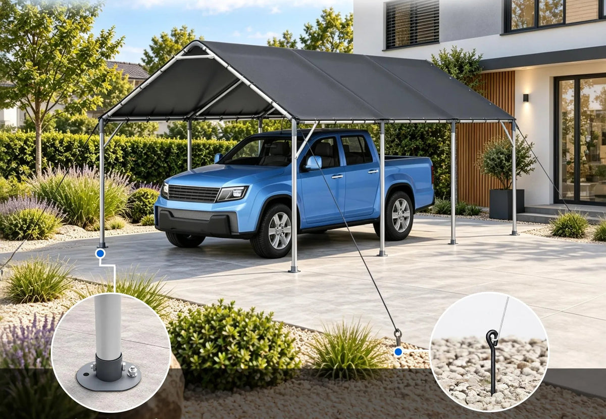 Abri voiture 610 x 396 x 308 cm, structure en acier galvanisé 38 mm, bâche de toit en PE imperméable UV 50+, plaques de base et piquets de sol