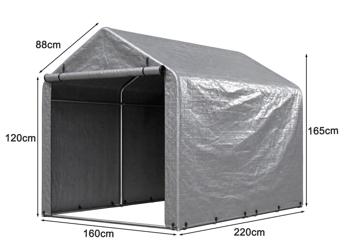 Abri à vélos 160 x 220 x 165 cm, bâche PE imperméable, structure en acier thermolaqué, porte sectionnelle, 8 supports, gris