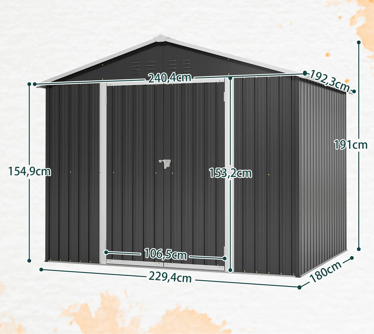 Abri de jardin métallique 240 x 192,3 x 191 cm avec larges portes coulissantes, 4 ouvertures de ventilation, verrouillable, toit et fond inclinés.