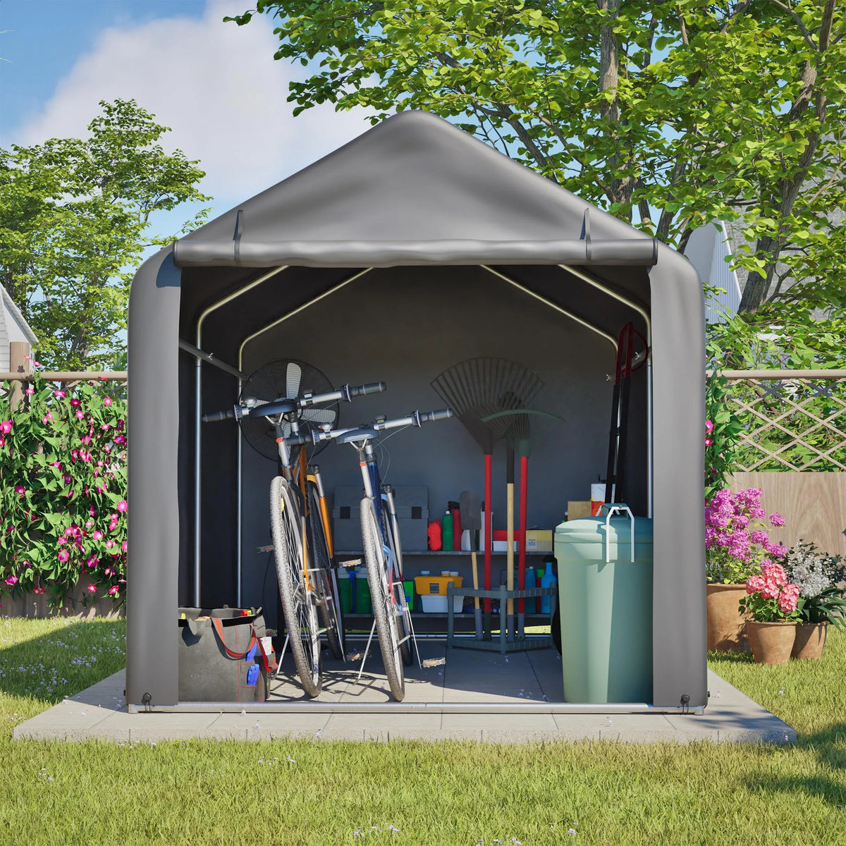 Abri à vélos 160 x 220 x 165 cm, bâche imperméable en PE, structure tubulaire en acier, porte enroulable, 2 ouvertures de ventilation, 8 supports, gris