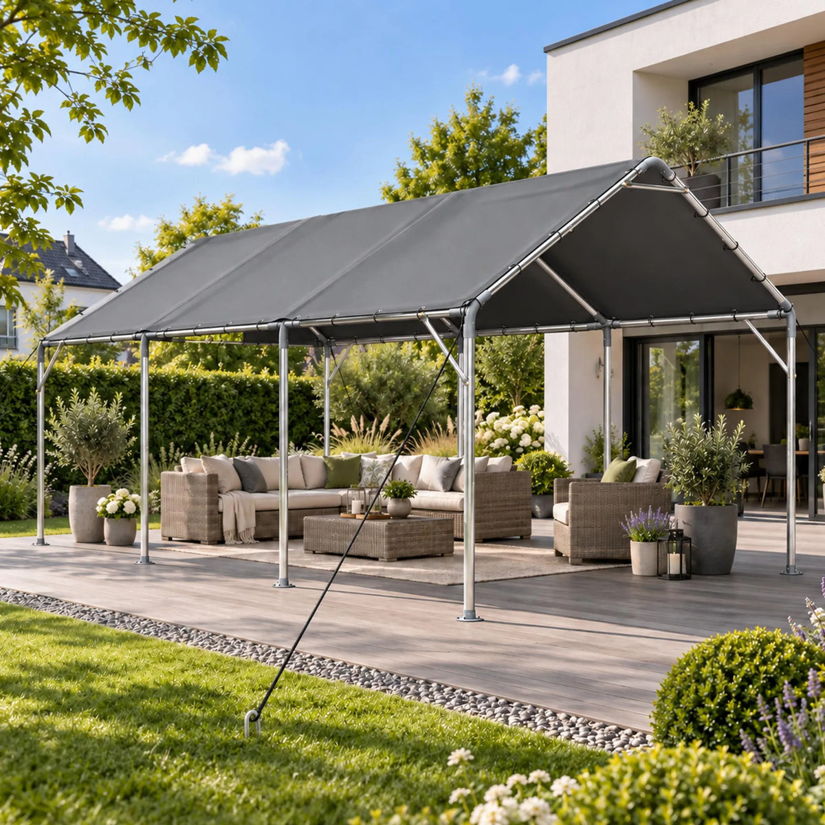 Abri voiture 610 x 396 x 308 cm, structure en acier galvanisé 38 mm, bâche de toit en PE imperméable UV 50+, plaques de base et piquets de sol