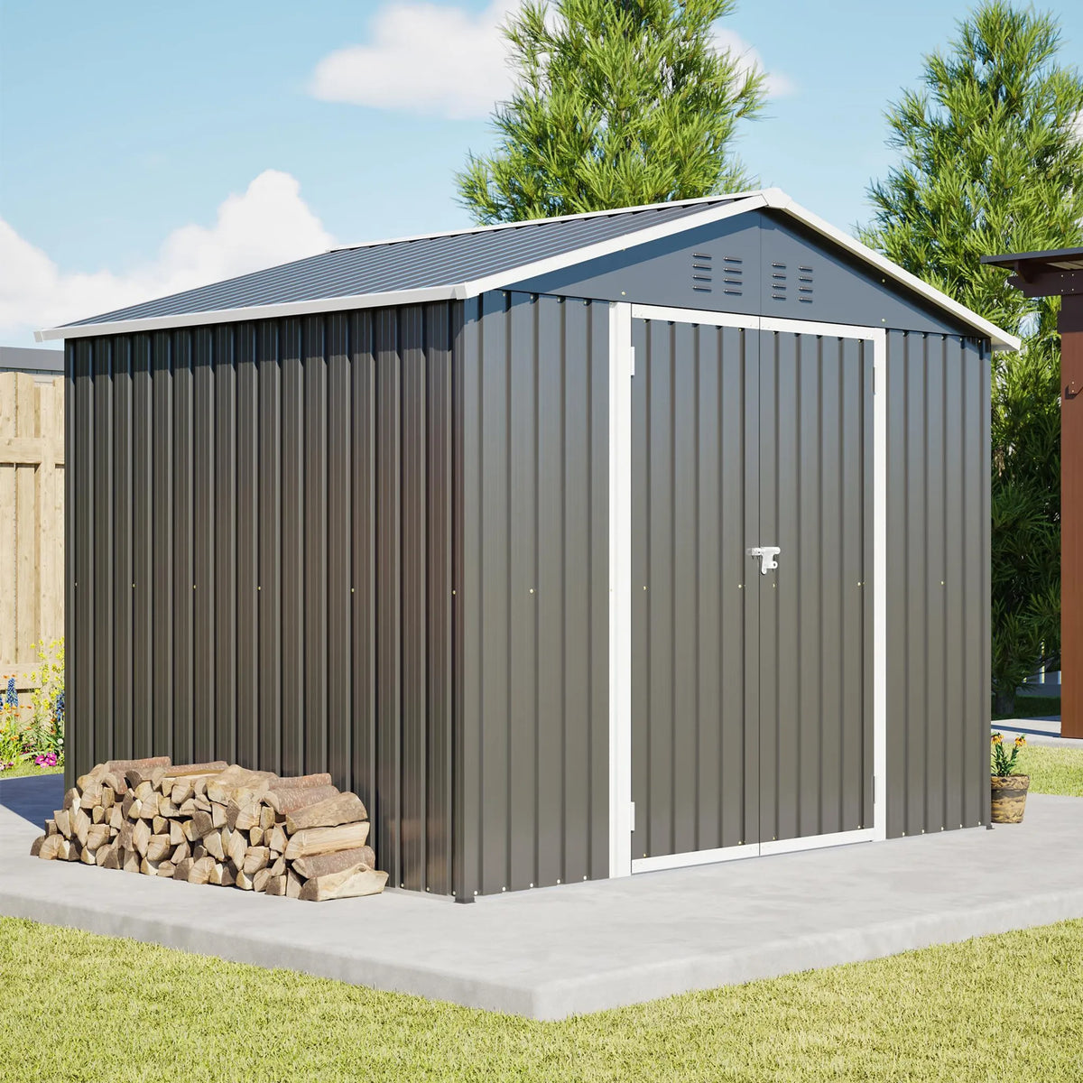 Abri de jardin métallique 240 x 192,3 x 191 cm avec larges portes coulissantes, 4 ouvertures de ventilation, verrouillable, toit et fond inclinés.