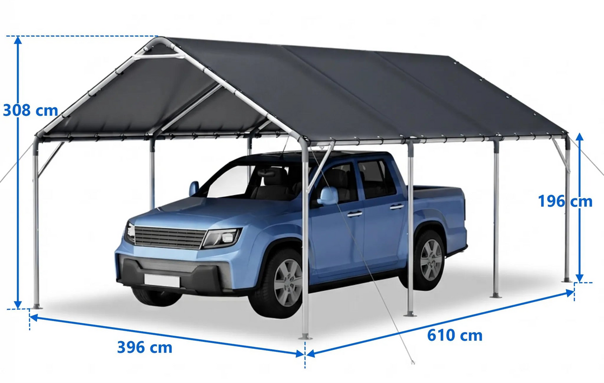 Abri voiture 610 x 396 x 308 cm, structure en acier galvanisé 38 mm, bâche de toit en PE imperméable UV 50+, plaques de base et piquets de sol