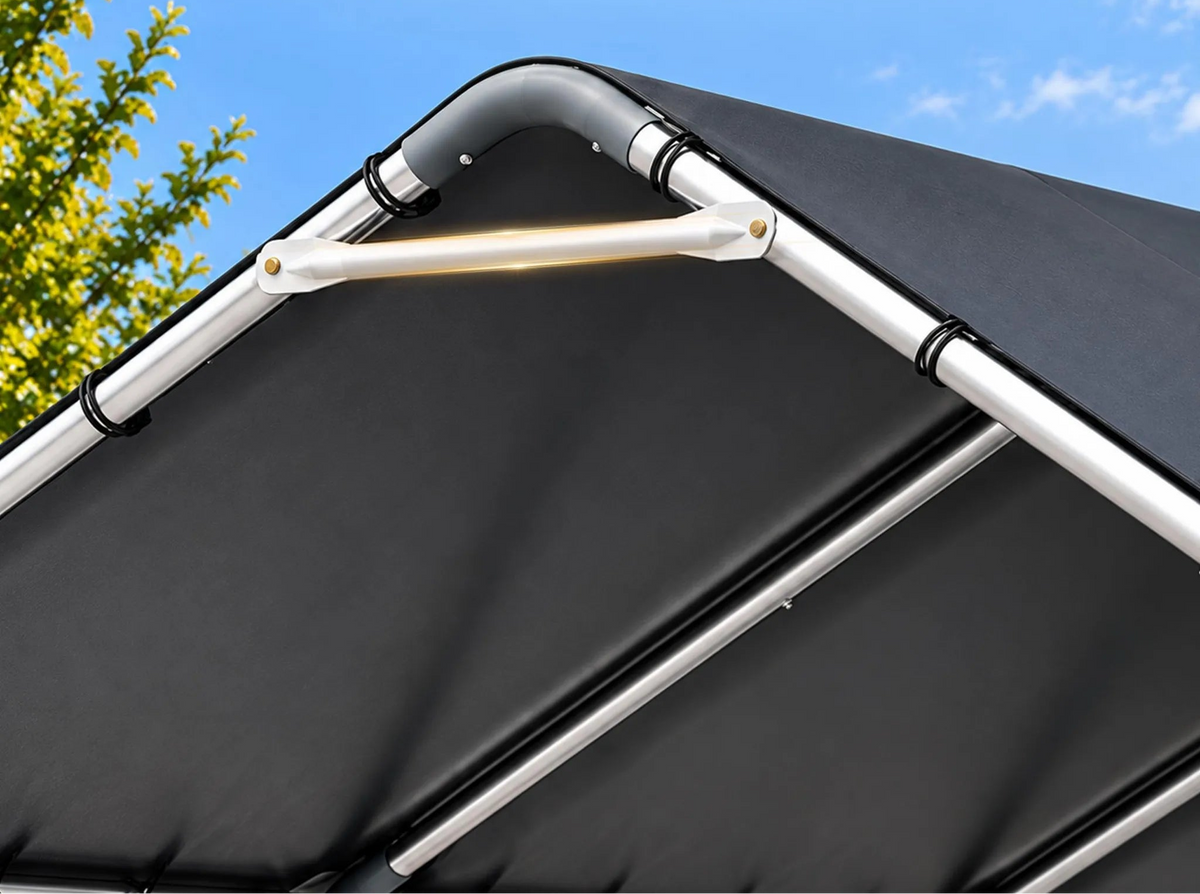 Abri voiture 610 x 396 x 308 cm, structure en acier galvanisé 38 mm, bâche de toit en PE imperméable UV 50+, plaques de base et piquets de sol