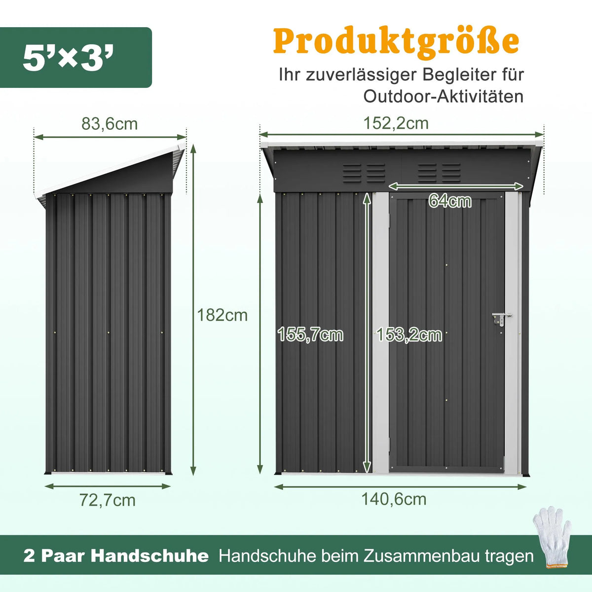 Abri de jardin 152,2 x 83,6 x 182 cm, 1,27 m², en acier thermolaqué, porte métallique verrouillable, sans fenêtres, toit plat, noir