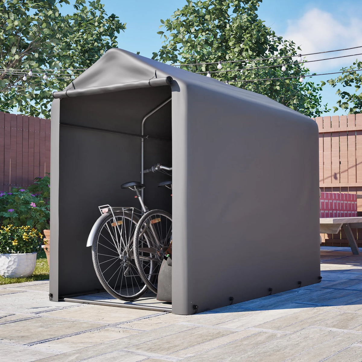 Abri à vélos 187 x 100 x 160 cm, structure tubulaire en acier galvanisé, bâche PE 170 g/m² imperméable et résistante aux UV, porte zippée, gris foncé