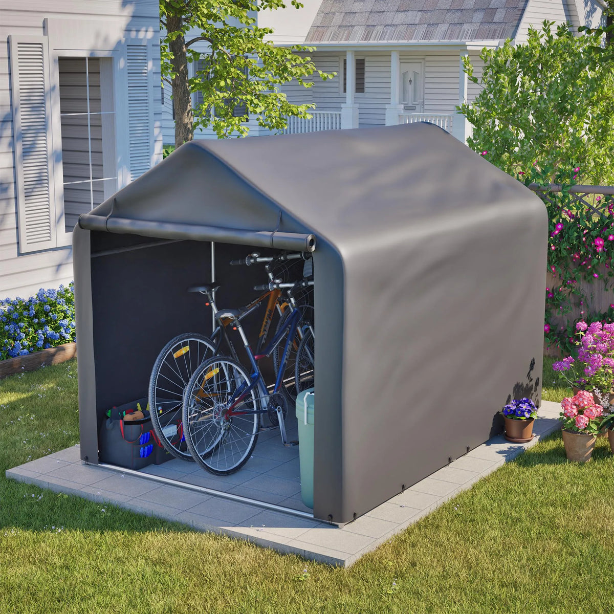 Abri à vélos 160 x 220 x 165 cm, bâche imperméable en PE, structure tubulaire en acier, porte enroulable, 2 ouvertures de ventilation, 8 supports, gris