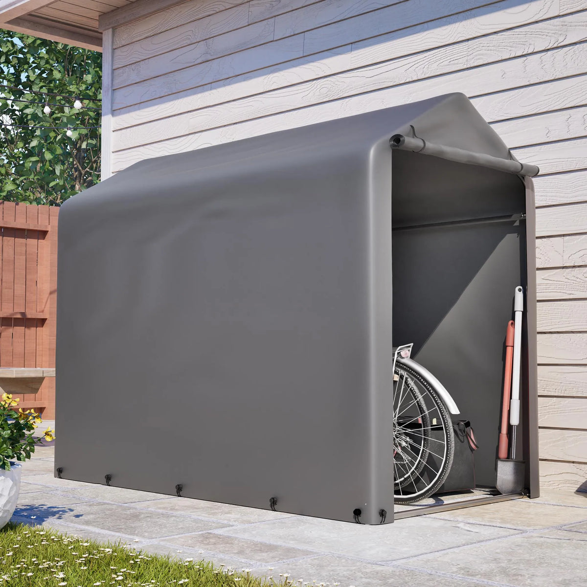Abri à vélos 187 x 100 x 160 cm, structure tubulaire en acier galvanisé, bâche PE 170 g/m² imperméable et résistante aux UV, porte zippée, gris foncé