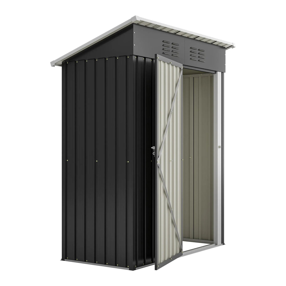 Abri de jardin 152,2 x 83,6 x 182 cm, 1,27 m², en acier thermolaqué, porte métallique verrouillable, sans fenêtres, toit plat, noir